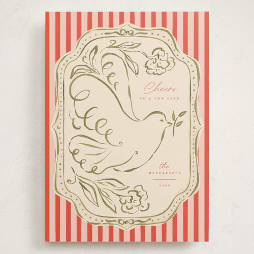 This is a cranberry holiday photo cards with standard by Vera Lim called peace dove.. printing on signature in grand
