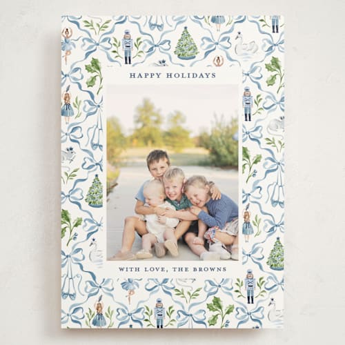 This is a blue ribbon holiday photo cards with standard by Sarah Knight called nutcracker ribbons printing on signature in grand