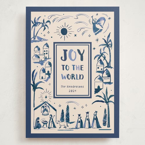 This is a blue jay holiday photo cards with standard by Teju Reval called painted nativity printing on signature in grand