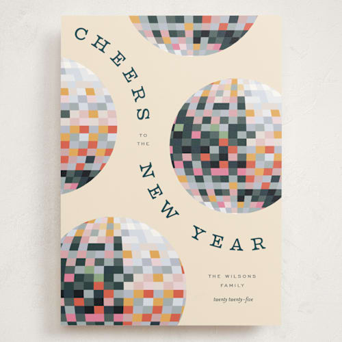 This is a champagne holiday photo cards with standard by Pixel and Hank called new year disco printing on signature in grand