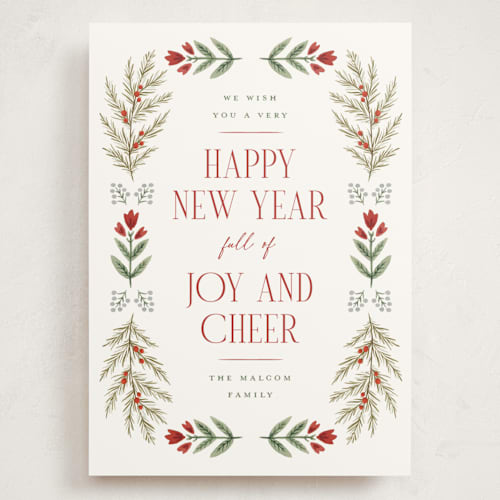 This is a poinsettia holiday photo cards with standard by Wildfield Paper Co called folk floral printing on signature in grand