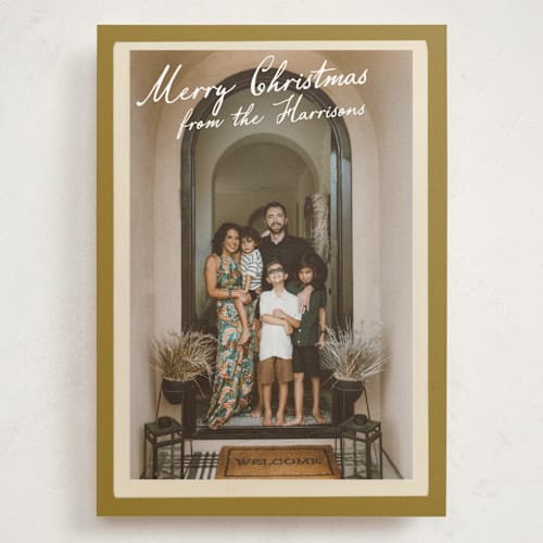 This is a vintage gold holiday photo cards with standard by Maja Cunningham called vintage photo card printing on signature in grand