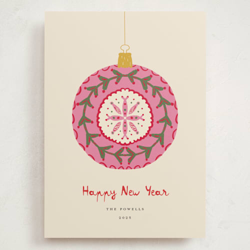 This is a vanilla holiday photo cards with standard by Erika Firm called vintage christmas ornament printing on signature in grand