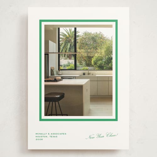 This is a wreath holiday photo cards with standard by Megan Davis called poplin printing on signature in grand