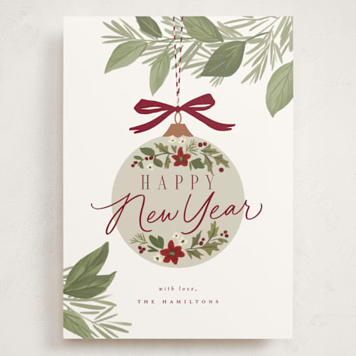 This is a snow holiday photo cards with standard by Everett Paper Goods called ornament branch printing on signature in grand