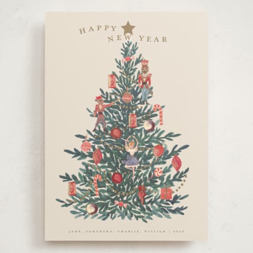 This is a caramel holiday photo cards with standard by Teju Reval called nutcracker tree printing on signature in grand