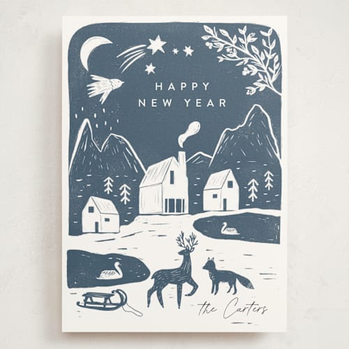This is a night holiday photo cards with standard by Maja Cunningham called winter linocut printing on signature in grand