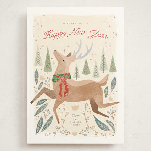 This is a forest holiday photo cards with standard by Pixel and Hank called merry deer printing on signature in grand