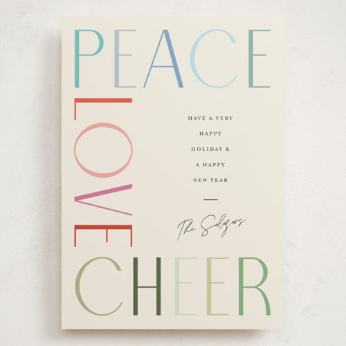 This is a fruitcake holiday photo cards with standard by Pixel and Hank called peace love cheer printing on signature in grand