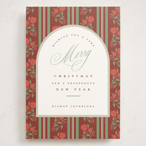This is a cranberry holiday photo cards with standard by Susan Zinader called poinsettia stripe wallpaper printing on signature in grand