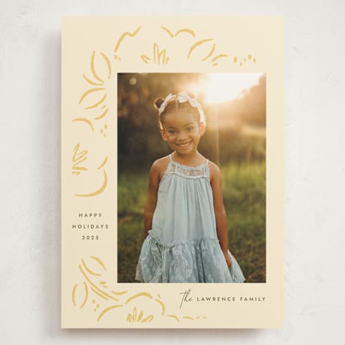 This is a butter holiday photo cards with standard by Griffinbell Paper Co. called sketched florals printing on signature in grand