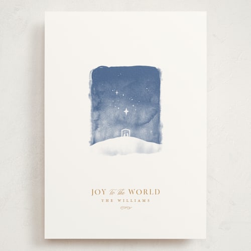 This is a linen holiday photo cards with standard by Robert and Stella called tiny nativity printing on signature in grand