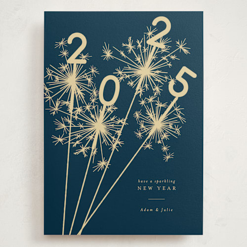 This is a navy holiday photo cards with standard by Paula Pecevich called sparklers printing on signature in grand
