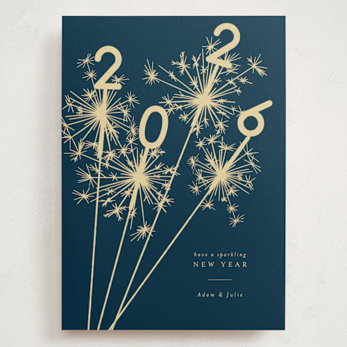 This is a navy holiday photo cards with standard by Paula Pecevich called sparklers printing on signature in grand