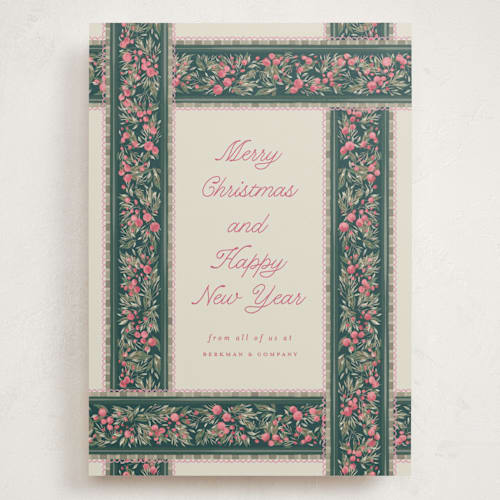 This is a peony holiday photo cards with standard by Jackie Crawford called holiday botanical ribbons printing on signature in grand