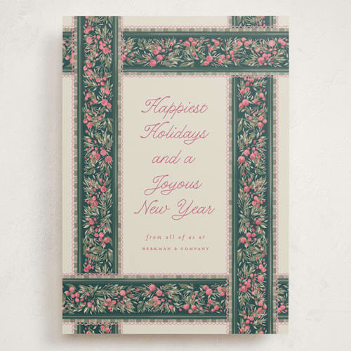 This is a peony holiday photo cards with standard by Jackie Crawford called holiday botanical ribbons printing on signature in grand