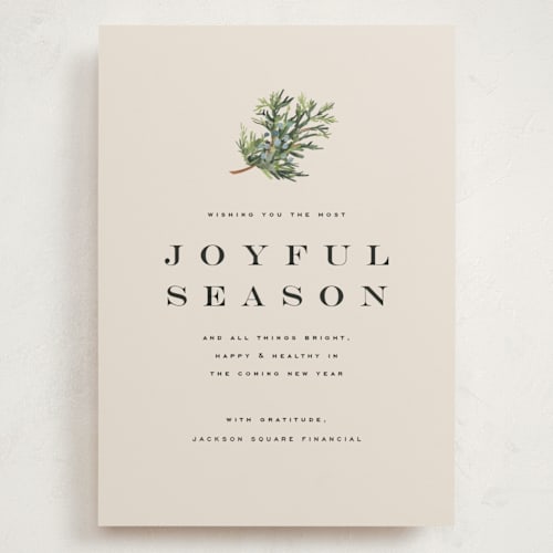 This is a putty holiday photo cards with standard by Olivia Kanaley Inman called juniper sprig printing on signature in grand