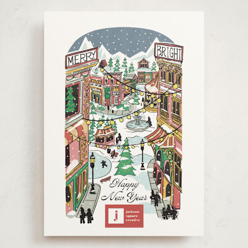 This is a cherry holiday photo cards with standard by Becky Nimoy called quaint town square printing on signature in grand