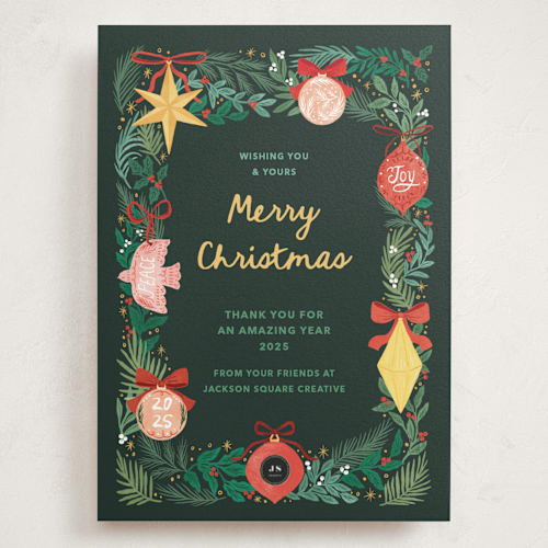 This is a pine holiday photo cards with standard by Elly called ornaments printing on signature in grand