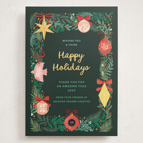 This is a pine holiday photo cards with standard by Elly called ornaments printing on signature in grand