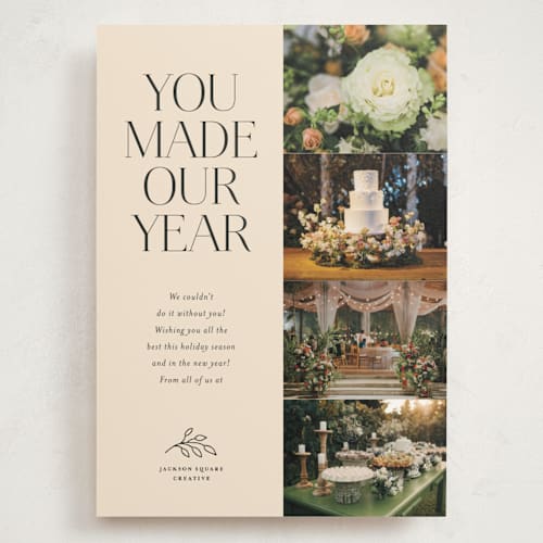 This is a vanilla holiday photo cards with standard by Kamala Nahas called you made our year printing on signature in grand