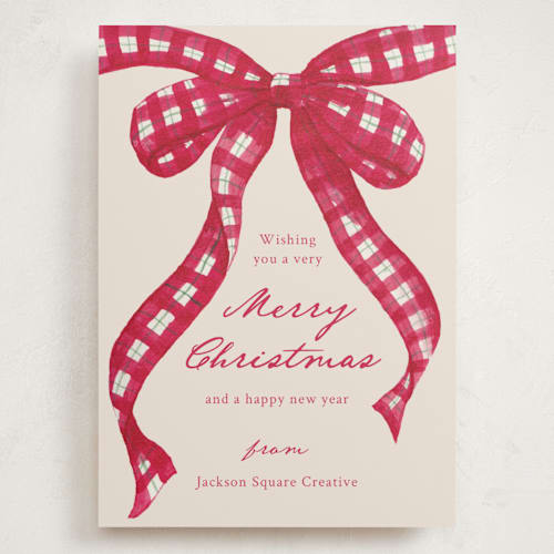 This is a cranberry holiday photo cards with standard by ForeverPrint called tartan bow printing on signature in grand