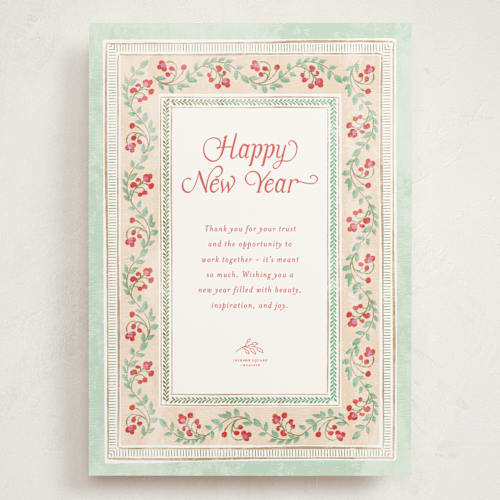 This is a mint holiday photo cards with standard by Kamala Nahas called botanical border printing on signature in grand