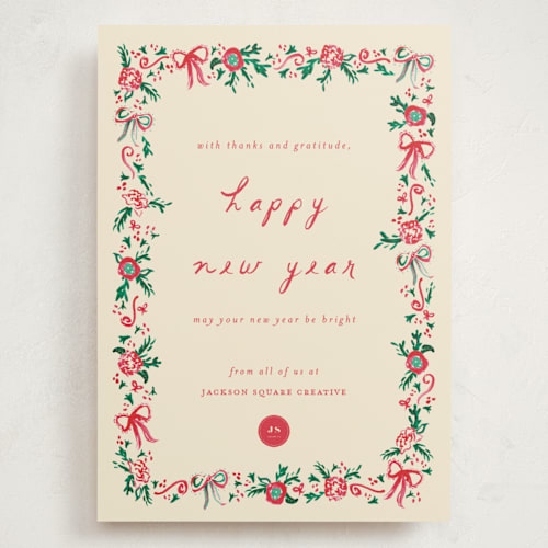 This is a ivory holiday photo cards with standard by Sarah Rosenthal called decked in gratitude printing on signature in grand