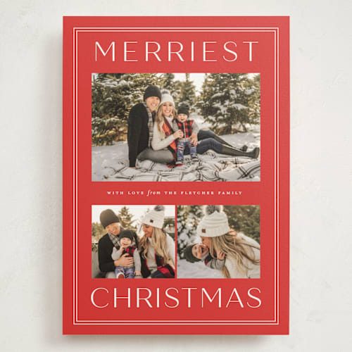 This is a cranberry holiday photo cards with standard by Sarah Brown called just the merriest printing on signature in grand