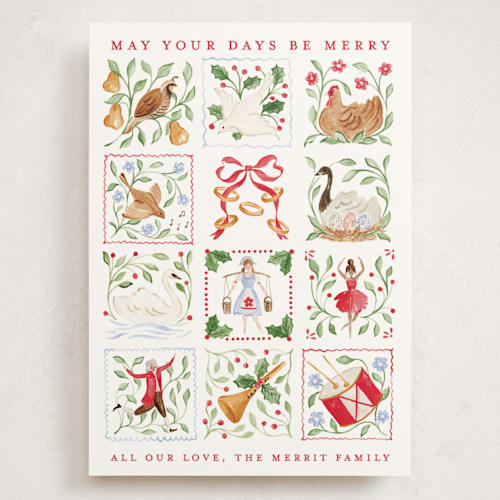 This is a cranberry holiday photo cards with standard by Sarah Knight called 12 days of christmas stamps printing on signature in grand
