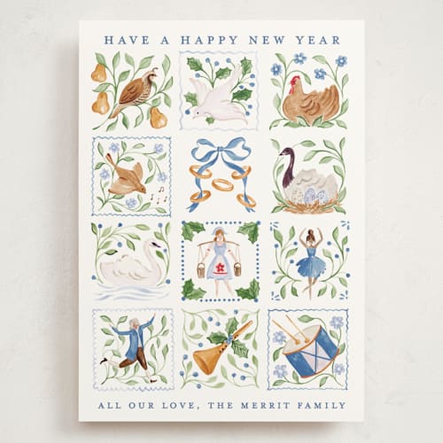 This is a goose egg holiday photo cards with standard by Sarah Knight called 12 days of christmas stamps printing on signature in grand