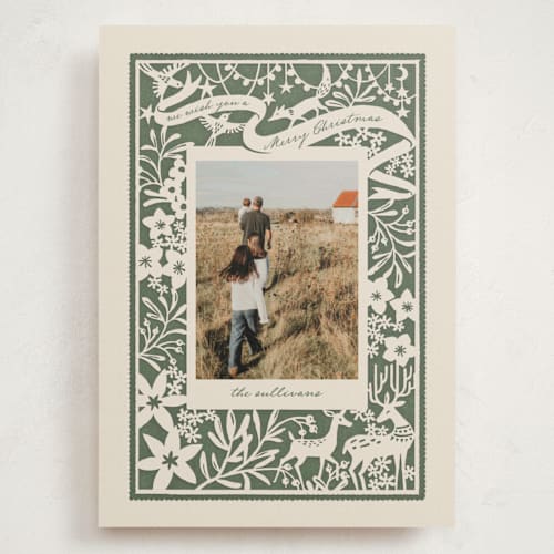 This is a pine holiday photo cards with standard by Leia Matt called woodland papercut printing on signature in grand