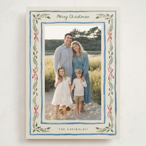 This is a porcelain holiday photo cards with standard by Chris Griffith called holiday gingham printing on signature in grand