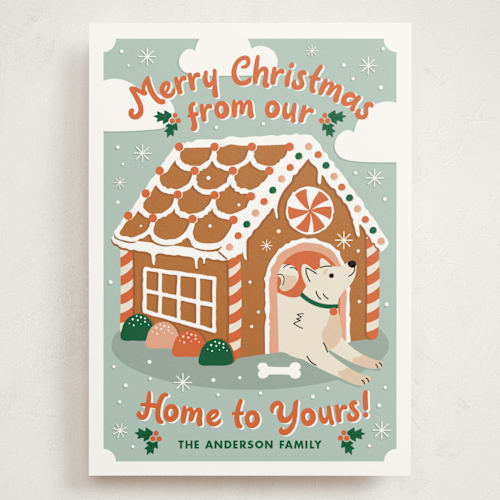 This is a cider holiday photo cards with standard by THE SOCIAL TYPE WHOLESALE called gingerbread dog house printing on signature in grand