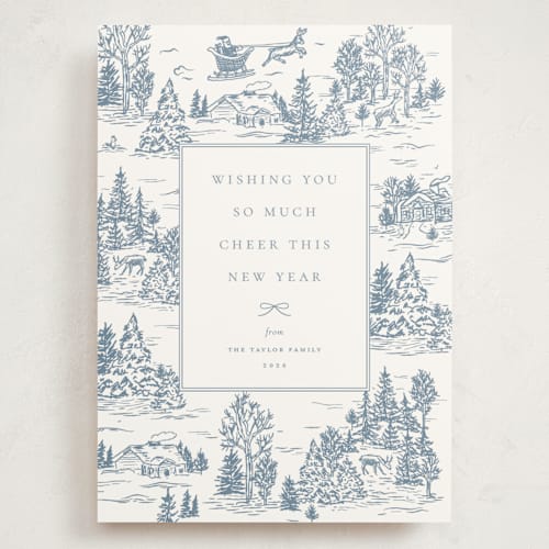 This is a periwinkle holiday photo cards with standard by Jennifer Lew called christmas toile printing on signature in grand