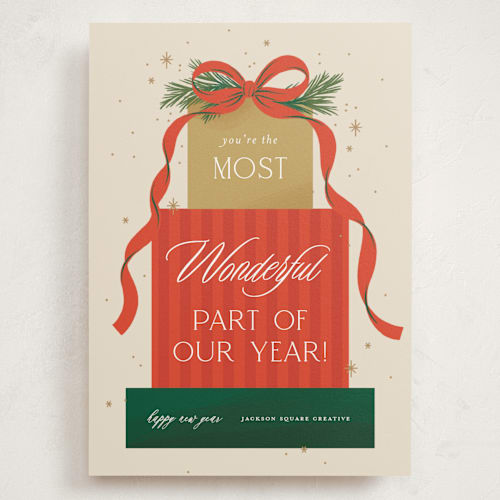 This is a santa holiday photo cards with standard by Paper Raven Co. called gift stack printing on signature in grand