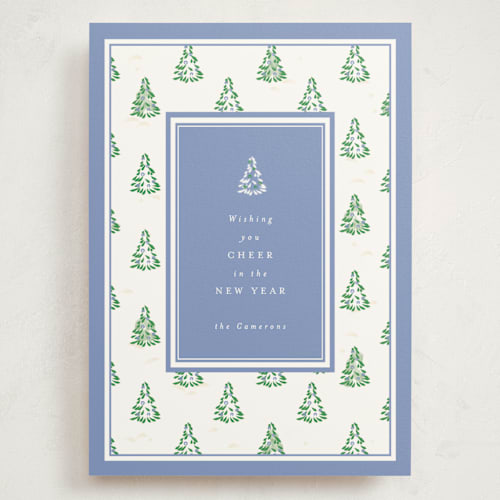 This is a provincial blue holiday photo cards with standard by Corinne Malesic called little trees printing on signature in grand