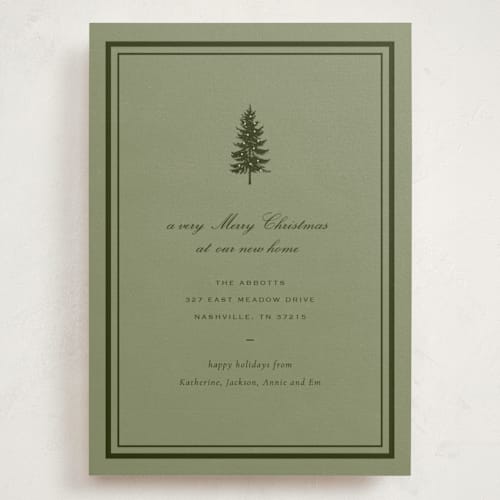 This is a balsam fir holiday photo cards with standard by Sara Hicks Malone called holiday move printing on signature in grand