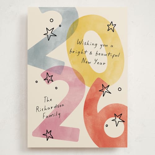 This is a party holiday photo cards with standard by Pixel and Hank called new year stars printing on signature in grand