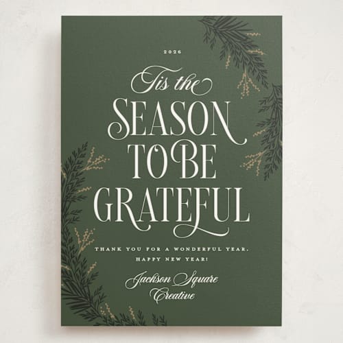This is a pine holiday photo cards with standard by Robert and Stella called gratitude season printing on signature in grand