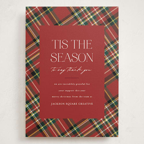 This is a poinsettia holiday photo cards with standard by Ashlee Townsend called tis the season plaid printing on signature in grand
