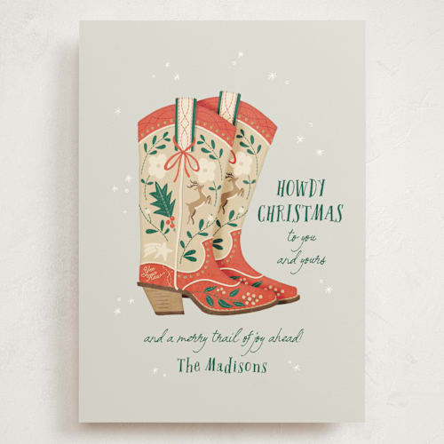 This is a fog holiday photo cards with standard by Leia Matt called howdy holidays boots printing on signature in grand