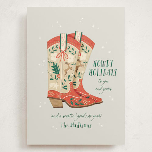 This is a fog holiday photo cards with standard by Leia Matt called howdy holidays boots printing on signature in grand
