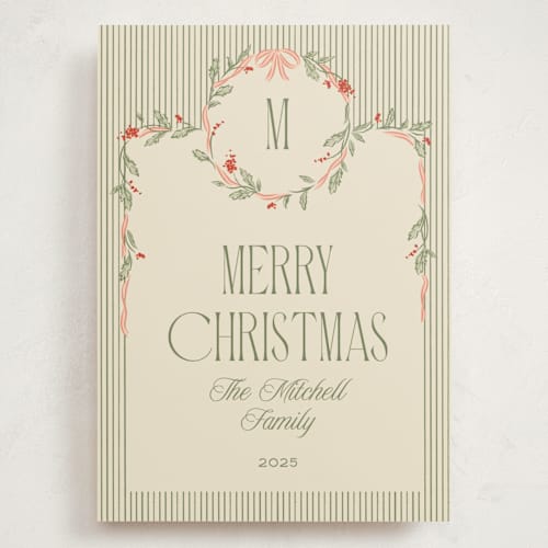 This is a cream holiday photo cards with standard by Robert and Stella called wreath frame printing on signature in grand