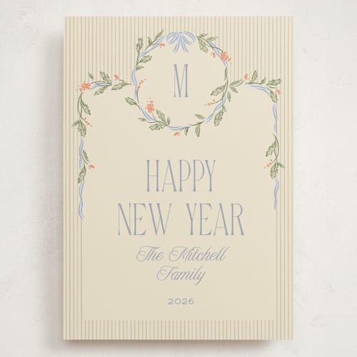 This is a periwinkle holiday photo cards with standard by Robert and Stella called wreath frame printing on signature in grand