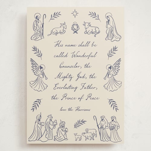 This is a indigo holiday photo cards with standard by Jamie Alexander called nativity printing on signature in grand