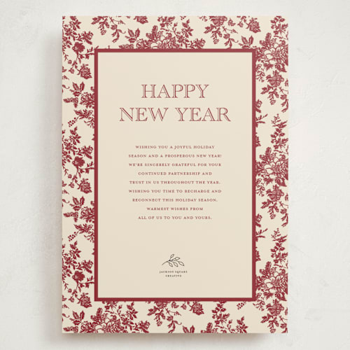 This is a cranberry holiday photo cards with standard by Jenna Holcomb called holiday toile printing on signature in grand