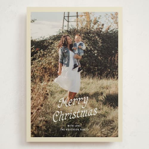 This is a vanilla cream holiday photo cards with standard by Cass Loh called cover printing on signature in grand