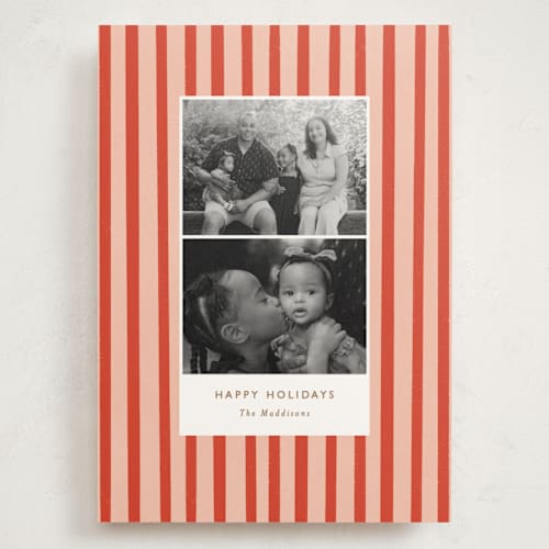 This is a candy cane holiday photo cards with standard by Bethan called striped snaps printing on signature in grand