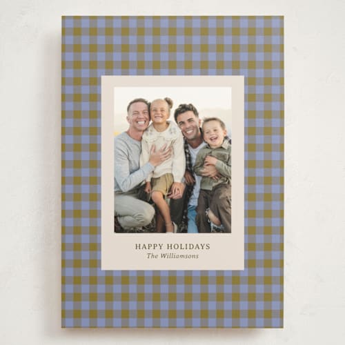 This is a blueberry holiday photo cards with standard by Beth Vassalo called cozy gingham printing on signature in grand